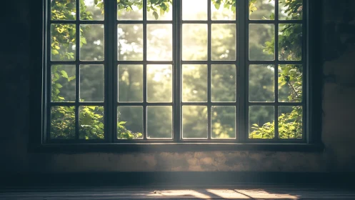Backlit multi-pane window framing lush sunlit garden view