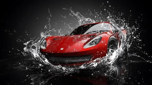 Scarlet supercar erupts through liquid thunder in mid-splash.
