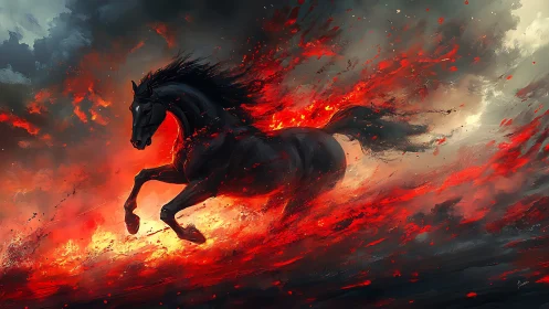 Midnight warhorse hurtles through a river of molten embers