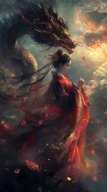 Woman in red robe with dragon among clouds and embers.
