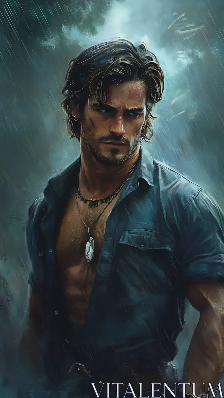 Brooding male figure in rain with open shirt and pendant.