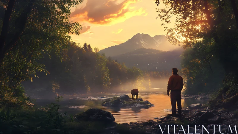 Solitary hiker observes deer in luminous alpine river valley