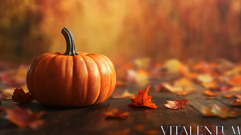 Autumn harvest pumpkin on rustic wood with glowing bokeh field.