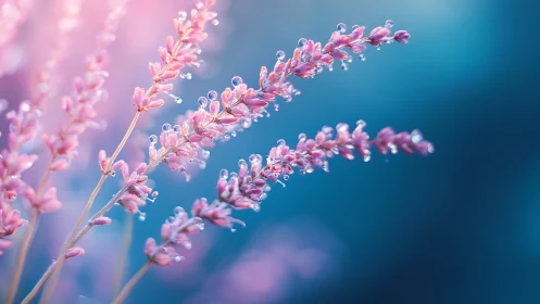 Lavender blossoms with dew droplets captured against gradient blue backdrop