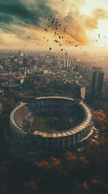 Urban football stadium under dramatic evening skyline.