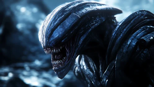 Alien night stalker bathed in cool electric moonlight.