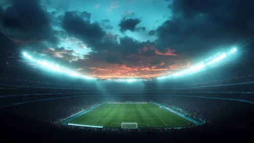 Floodlit modern football stadium at dusk with dramatic sky