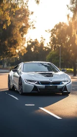 BMW sports coupe on empty urban road at sunset light period.