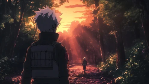 Sunlit forest trail where two anime wanderers drift apart.