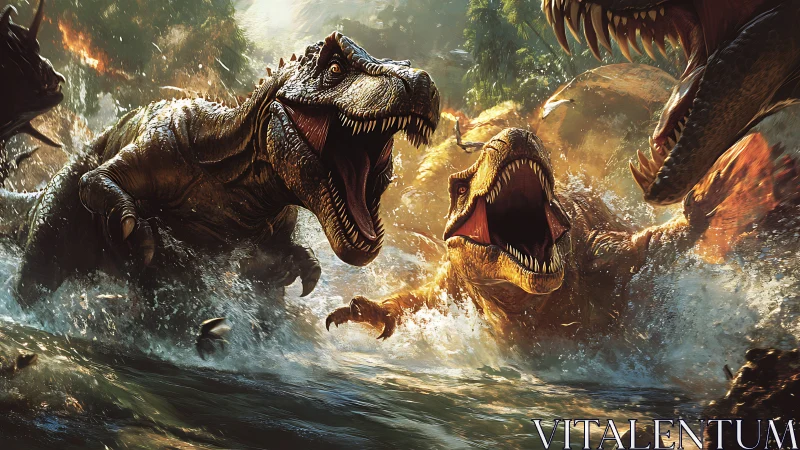 Rampaging river tyrants clash in a roaring dinosaur maelstrom.