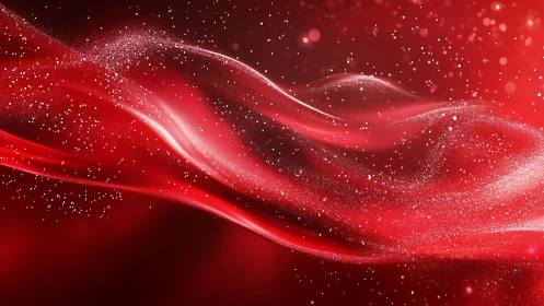 Flowing Red Silk with Glittering Particles, Abstract Digital Art.