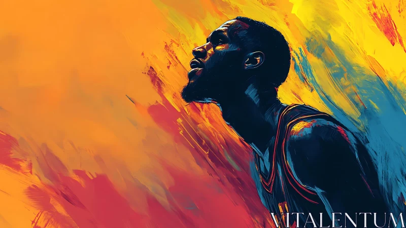 Dynamic sidelit basketball portrait in kinetic brush color field.