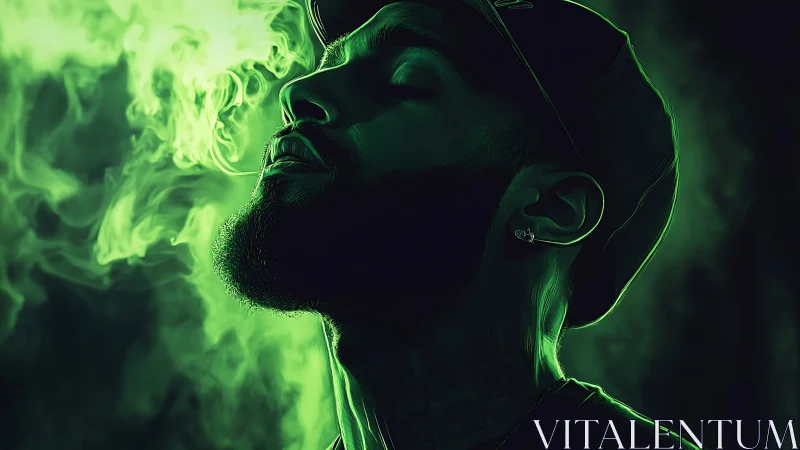 Neon green side-lit portrait isolates smoke plumes and facial texture