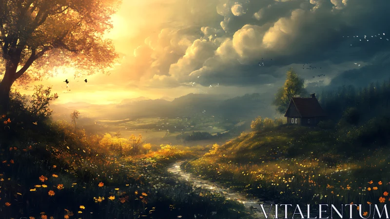 Golden country path winding toward a quiet hilltop cabin.