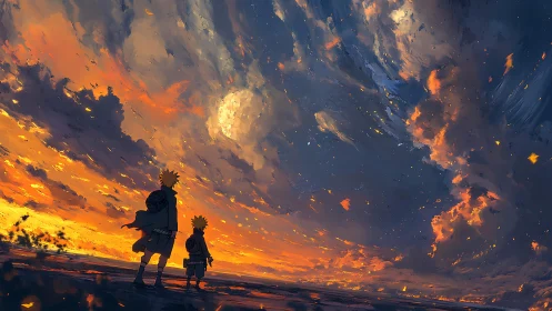 Two cloaked figures study a vast, incandescent sunset sky