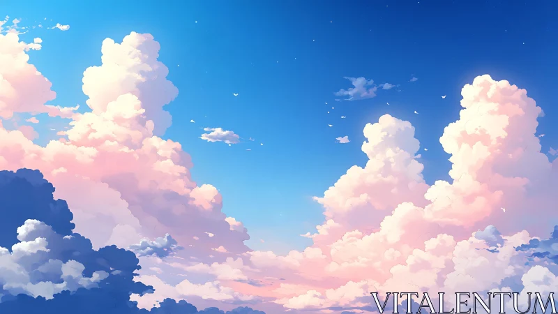 Sunlit cumulus clouds over tranquil pastel horizon sky.