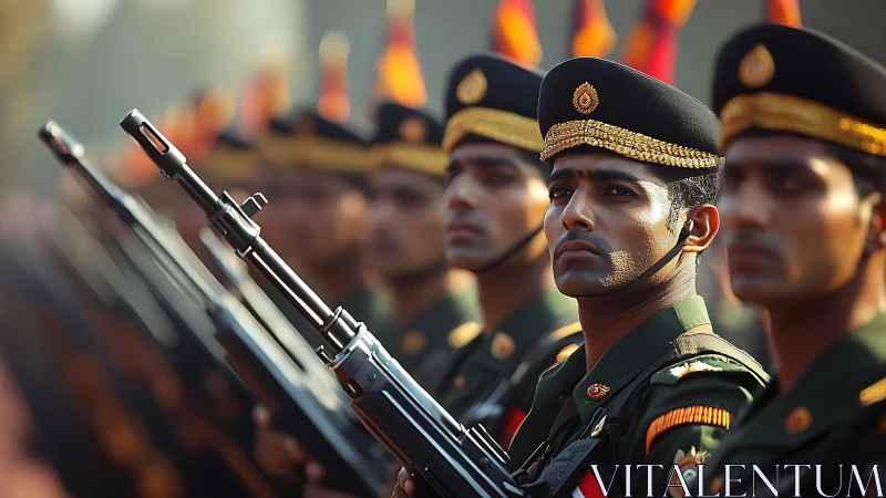 Military parade formation with rifles aligned in shallow depth of field