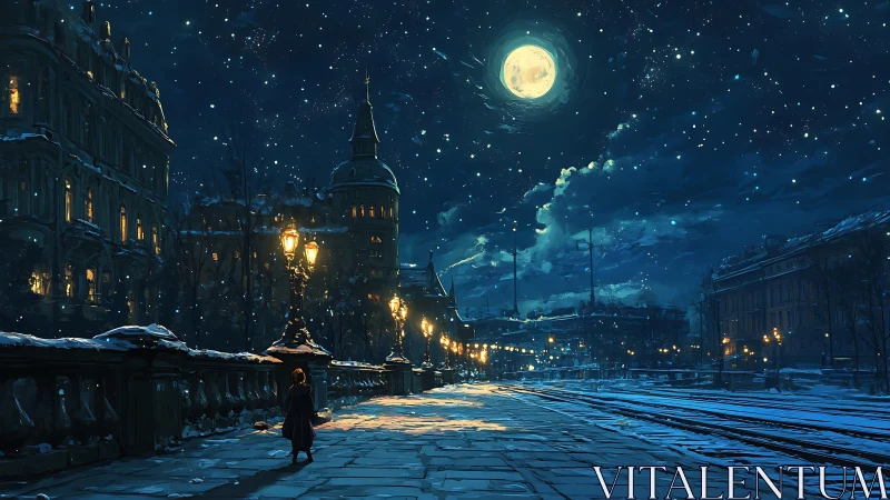 Moonlit winter city street with lone figure walking slowly.
