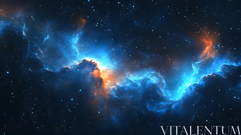 Rivers of blue starlight roll through a fiery cosmic cloud