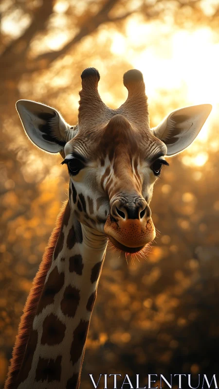 Gentle giraffe glowing softly in golden evening light.