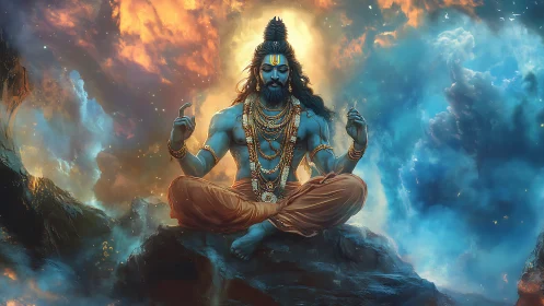 Divine blue yogi in cosmic meditation amid blazing nebula clouds.