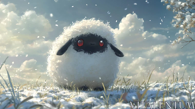 Fluffy black lamb under drifting petals in soft daylight.