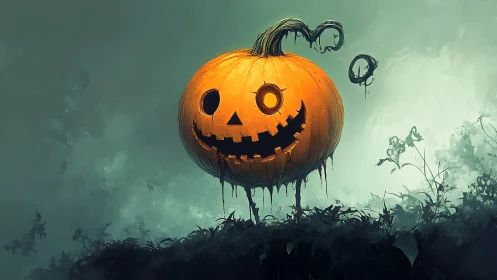 Playful glowing jack o’ lantern brightens a misty night.