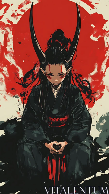 Horned figure in black robes sits before red circular backdrop