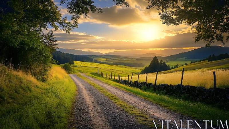 Rural gravel lane through sunlit rolling fields at sunset