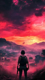 Lone wanderer meets a neon dusk over misty valley town.