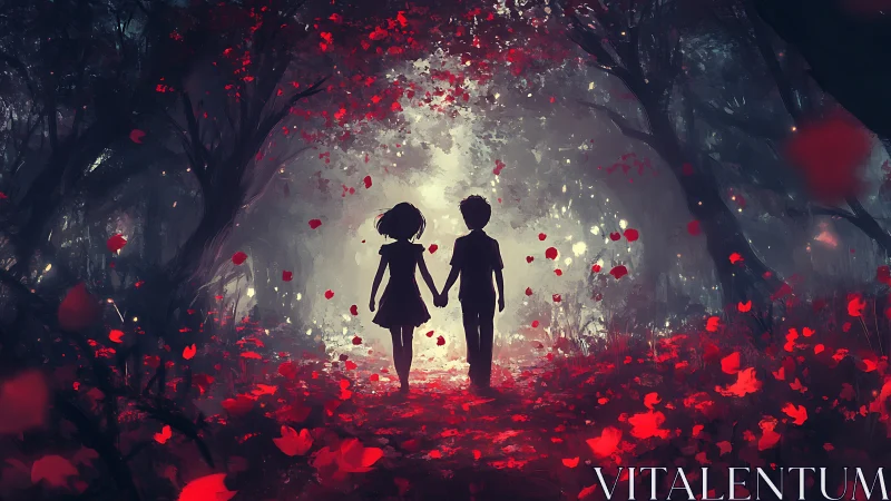 Silhouetted Figures in Luminescent Red Petal Landscape.