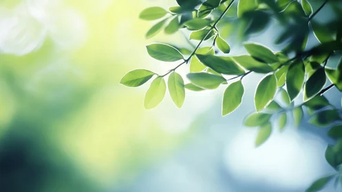 Sunlit green leaves with dreamy pastel bokeh background.