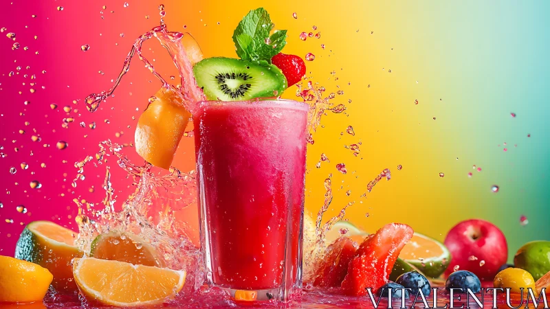 Beverage with fruit and water splash against gradient background.