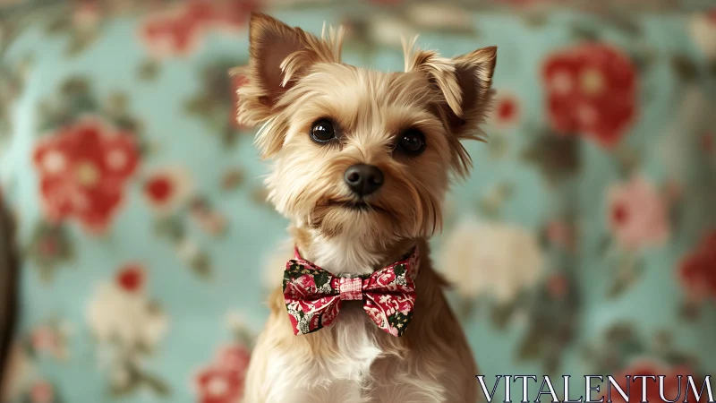 Small terrier breed dog exhibiting formal grooming with vintage floral pattern background compositio