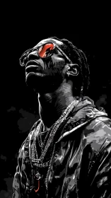 Urban portrait with red lenses and chrome chain highlights.