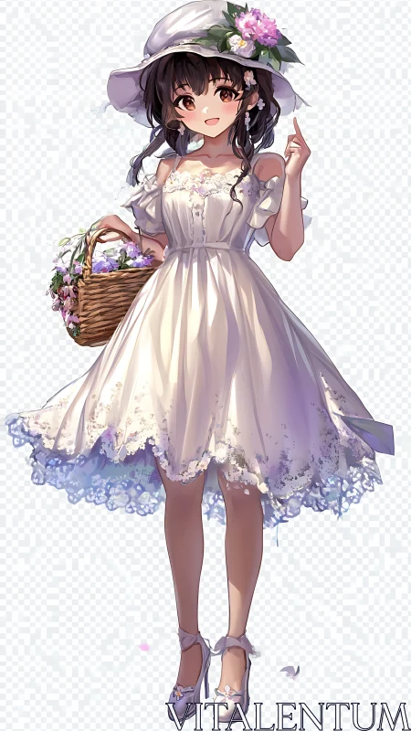Summer garden girl in white lace dress and floral hat.
