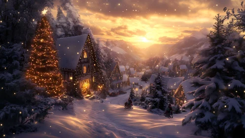Snowy alpine village glows under golden Christmas sunset.