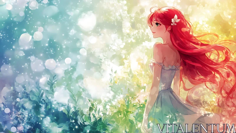 Red haired anime girl in glowing bokeh garden scene.