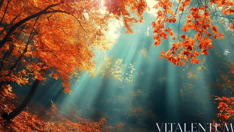 Autumn Forest with Sunlight Rays Through Orange Foliage