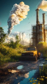 Rusting truck stands before emitting industrial facility