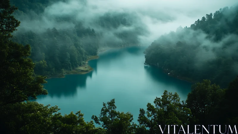 Foggy forest lake with dense green hills and misty air.