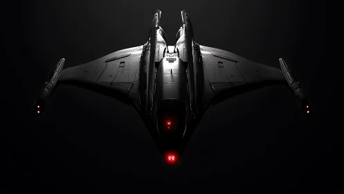 Stealth starfighter cuts darkness with red engine glow.