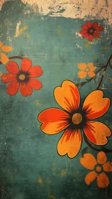 Vintage floral illustration on distressed teal textured ground.