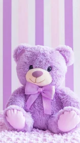 Lavender teddy bear toy centered against striped wall.