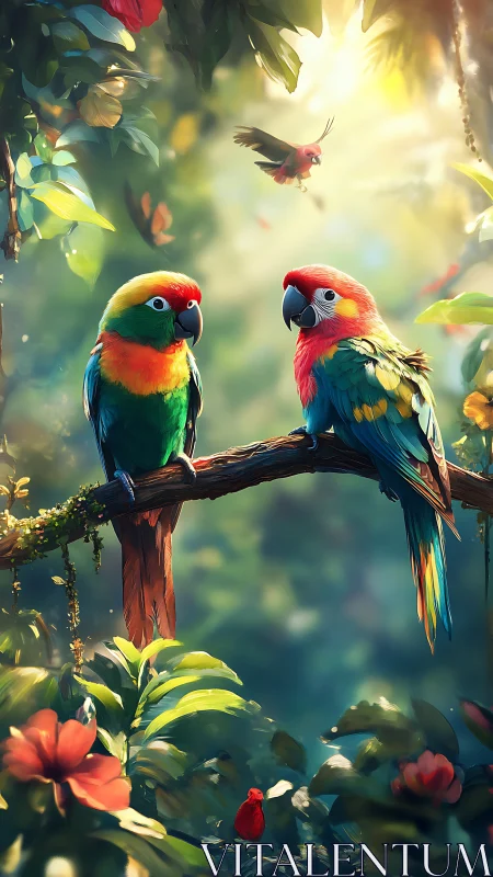 Vibrant parrots perch in sunlit rainforest canopy portrait