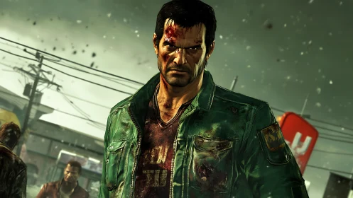 Bloodied survivor advances through stormy urban chaos