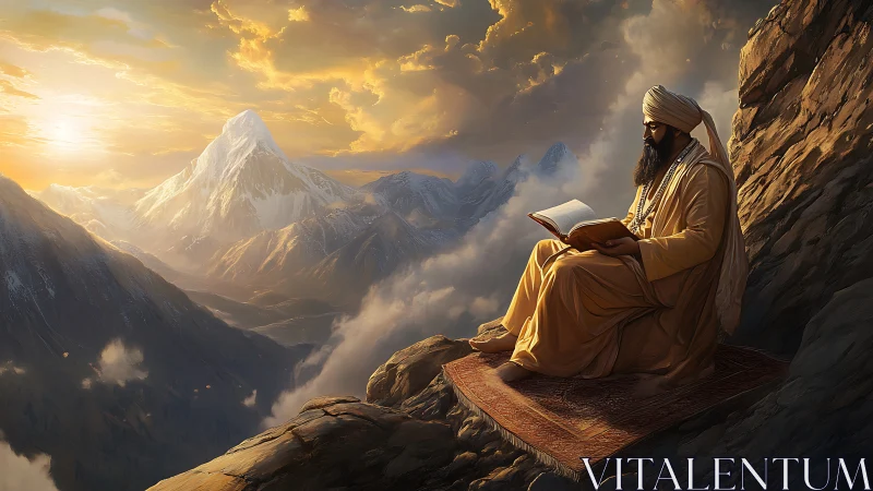 Digital painting of solitary sage reading above sunlit peaks.