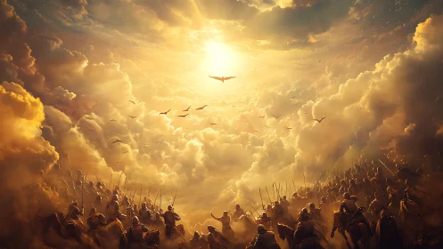 Armored cavalry formations advance beneath radiant sky