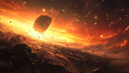 Volcanic alien landscape with luminous meteor impact plume