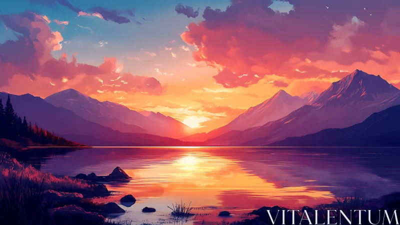 Radiant alpine lake sunset rendered in cinematic digital hues
